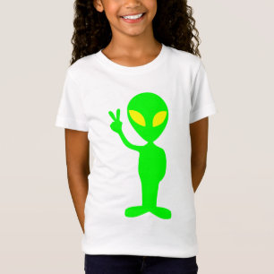 Green alien showing peace sign illustration T-Shirt