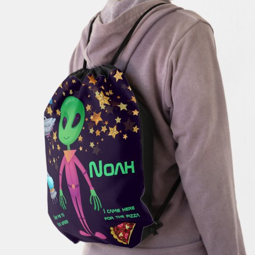 Green Alien Spaceship Add Name Fun Drawstring Bag