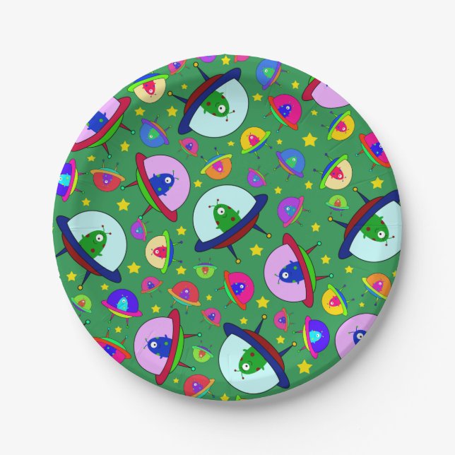 Green alien spaceship pattern paper plates (Front)