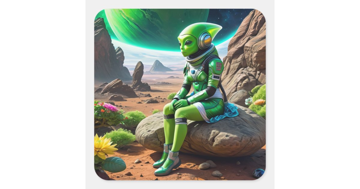 Green Alien Thinker Pose Square Sticker | Zazzle