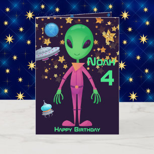 Green Alien UFO Add Name Age Birthday Card