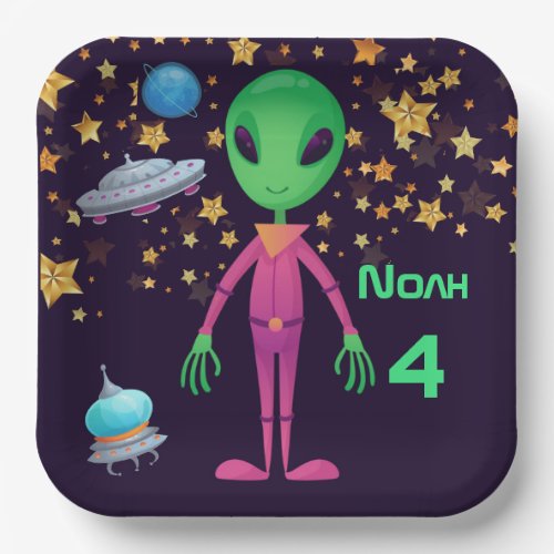 Green Alien UFO Add Name Age Birthday Paper Plates