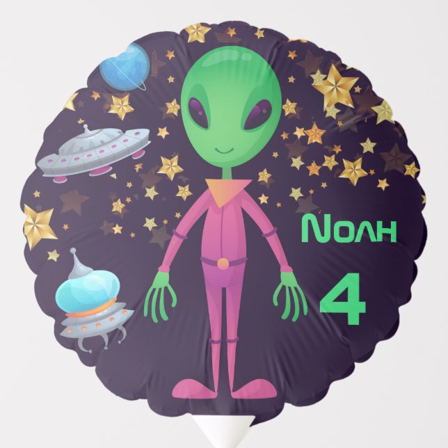 Green Alien UFO Add Name Age Birthday Party Balloon (Front)