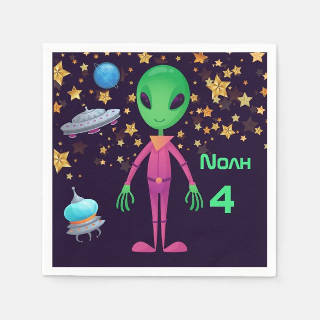 Green Alien UFO Add Name Age Birthday Party Napkins (Front)