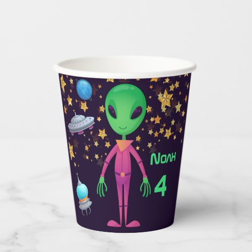 Green Alien UFO Add Name Age Birthday Party Paper Cups
