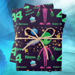 Green Alien UFO Add Name Age Happy Birthday Wrapping Paper Sheets