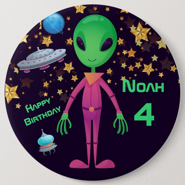 Green Alien UFO Add Name Birthday Button (Front)