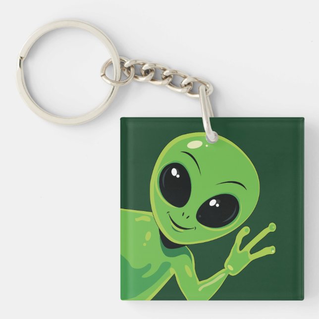 Green Alien Waving Cartoon Friendly Outer Space Keychain (Front)