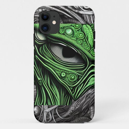 Green Alien with Degenerative Lines Background iPhone 11 Case