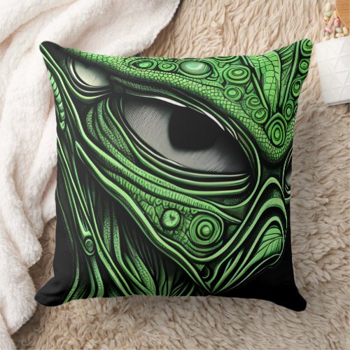 Green Alien with Degenerative Lines Background Throw Pillow