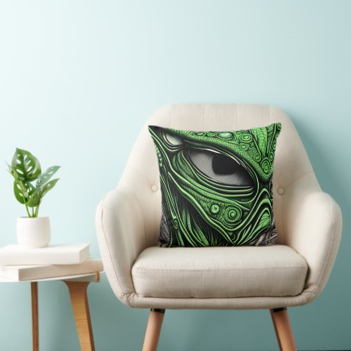 Green Alien with Degenerative Lines Background Throw Pillow
