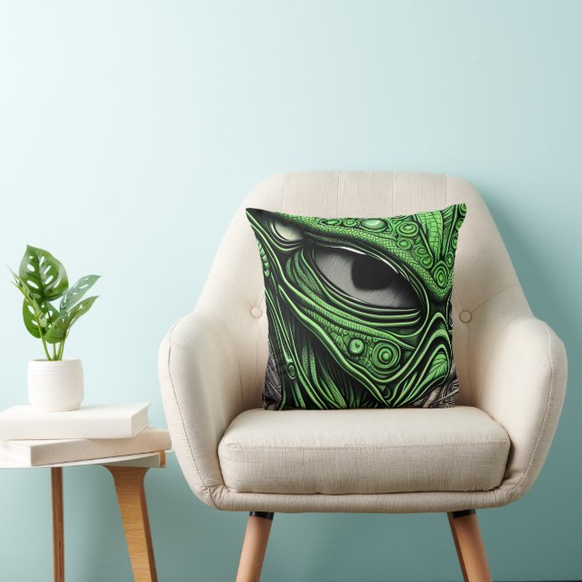 Green Alien with Degenerative Lines Background Throw Pillow (Chair)