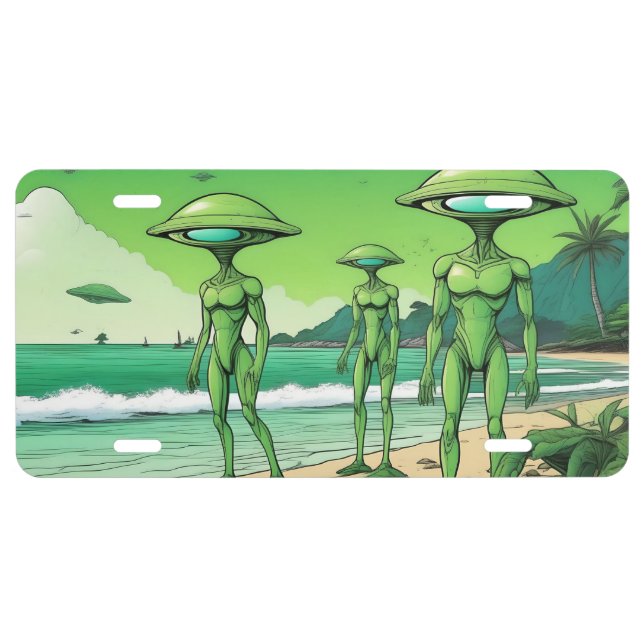 GREEN ALIENS ON A BEACH LICENSE PLATE (Front)