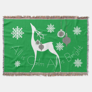 Green All is Calm All is Bright Deer Holiday Throw Throw Blanket