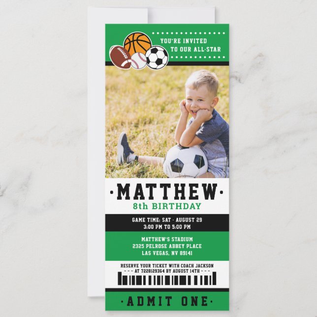 Green All Star Sport Ticket Birthday Party Photo Invitation (Front)