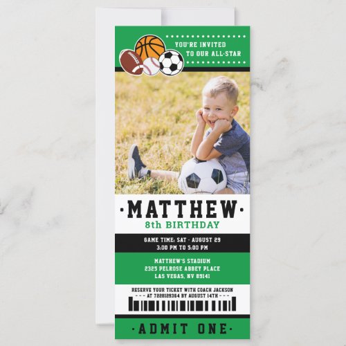 Green All Star Sport Ticket Birthday Party Photo Invitation