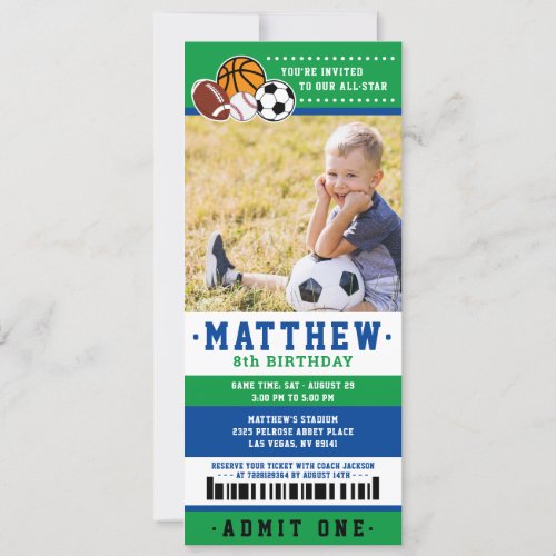 Green All Star Sport Ticket Birthday Party Photo Invitation