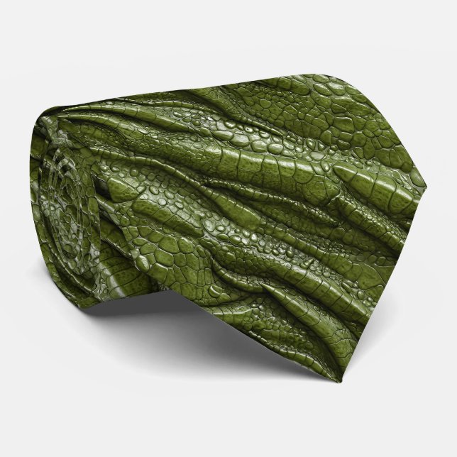 Green Alligator Crocodile Dragon Snake Leather Neck Tie (Rolled)