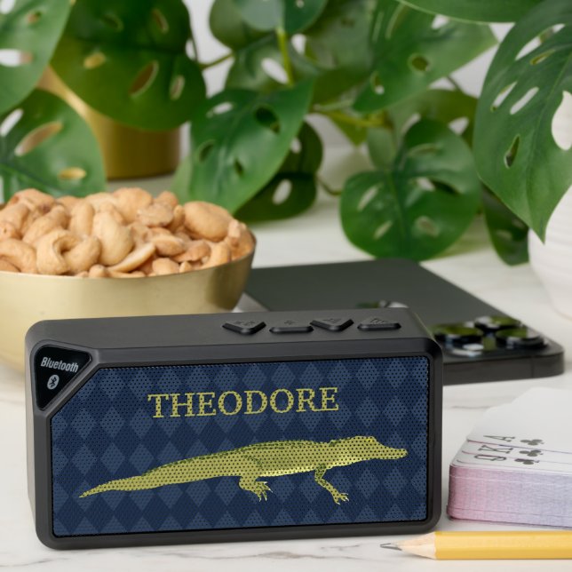 Green Alligator, Navy Blue Background Personalized Bluetooth Speaker (Insitu(Table))