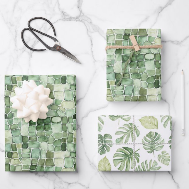 Green Alligator Print Birthday Wrapping Paper Sheets (Front)
