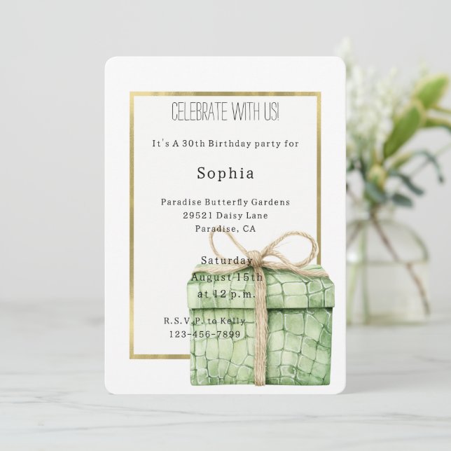 Green Alligator Print Gift Birthday   Invitation (Standing Front)