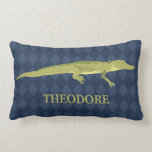 Green Alligator Realistic Graphic Personalized Lumbar Pillow<br><div class="desc">Create a personalized gift that's perfect for someone who loves alligators and other animals. This throw pillow or cushion has a realistic style illustration of an alligator in an olive green color set against a navy blue patterned background and is ready to be personalized with a name in matching olive...</div>