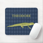 Green Alligator Realistic Graphic Personalized Mouse Pad<br><div class="desc">Create a useful personalized gift that's perfect for someone who loves alligators and other animals. This mousepad has a realistic style illustration of an alligator in an olive green color set against a navy blue patterned background and is ready to be personalized with a name in matching olive green lettering....</div>