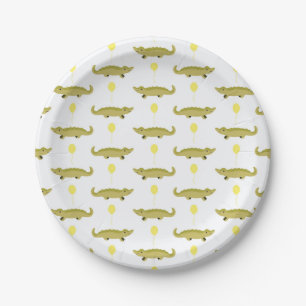 green alligator with balloons cartoon printed paper plates