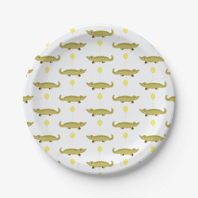 green alligator with balloons cartoon printed paper plates (Front)