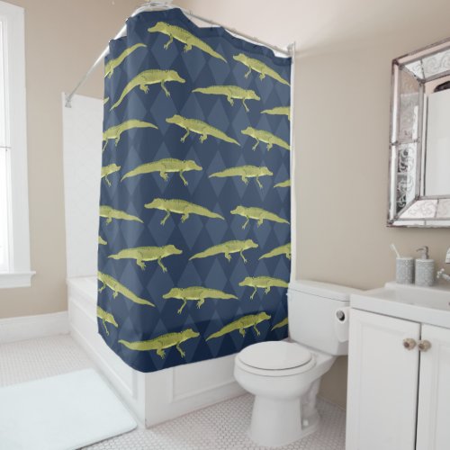 Green Alligators and Navy Blue Patterned Shower Curtain