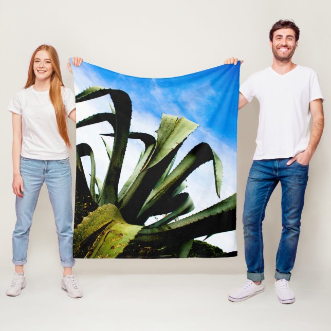Green Aloe Plant with Bright Blue Sky Fleece Blanket (In Situ)