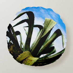 Green Aloe Plant with Bright Blue Sky Round Pillow
