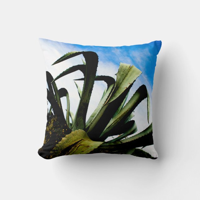 Green Aloe Plant with Bright Blue Sky Throw Pillow (Front)