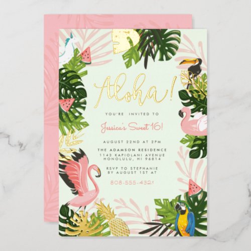 Green  Aloha Hawaii Tropical Gold Birthday Party Foil Invitation