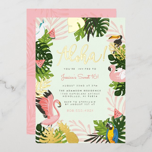 Green | Aloha Hawaii Tropical Gold Birthday Party Foil Invitation (Front/Back)