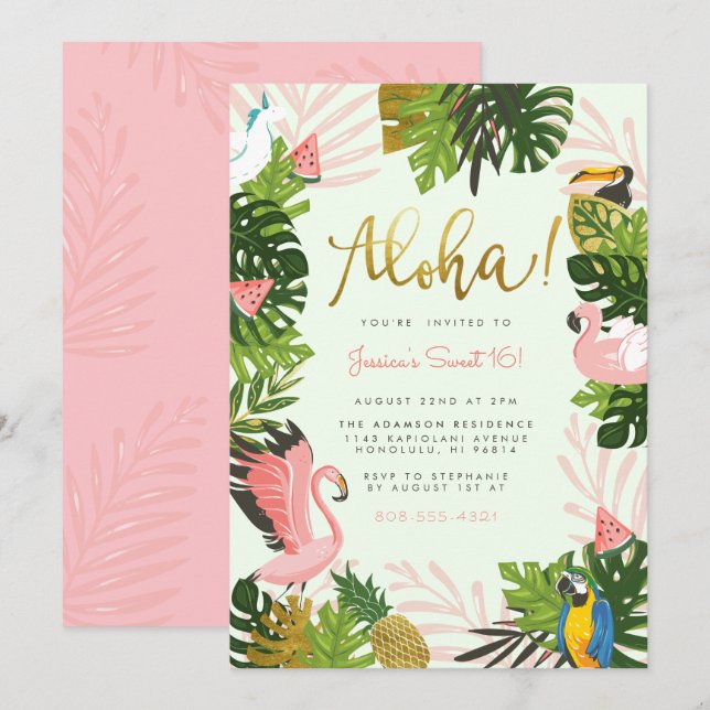 Green | Aloha Hawaii Tropical Gold Birthday Party Invitation (Front/Back)