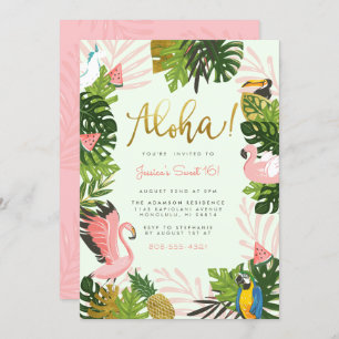 Green Aloha Hawaii Tropical Gold Birthday Party Invitation