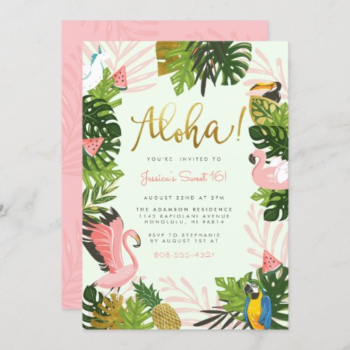 Green  Aloha Hawaii Tropical Gold Birthday Party Invitation