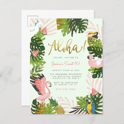 Green  Aloha Hawaii Tropical Gold Birthday Party Invitation Postcard