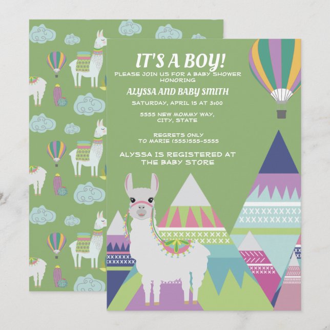 Green Alpaca Balloon Boy Baby Shower Invitation (Front/Back)