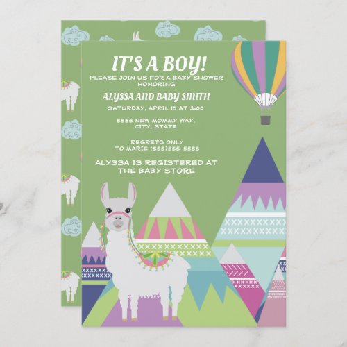 Green Alpaca Balloon Boy Baby Shower Invitation