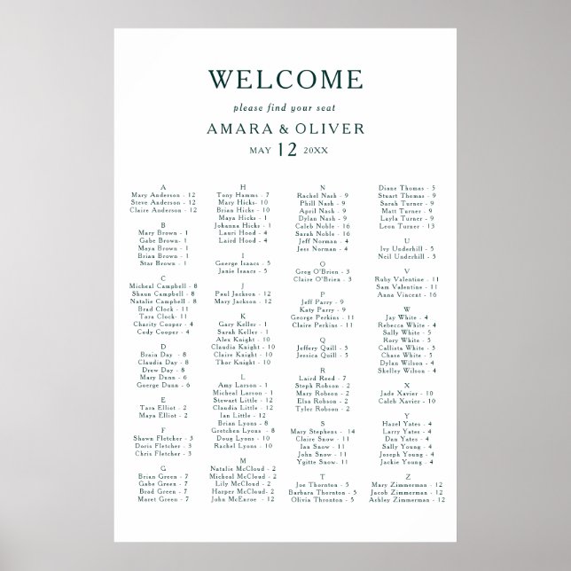 Green Alphabetical Seating Chart (Front)