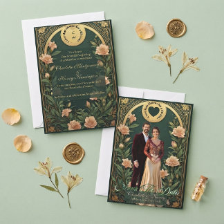 Green Alphonse Mucha Gold Ivory Arch Wedding Photo Save The Date