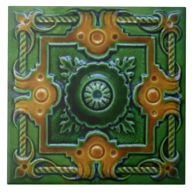 Green & Amber Victorian Design Majolica Tile (Front)