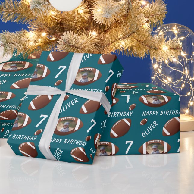 Green American Football Ball Happy Birthday Photo Wrapping Paper (Holidays)
