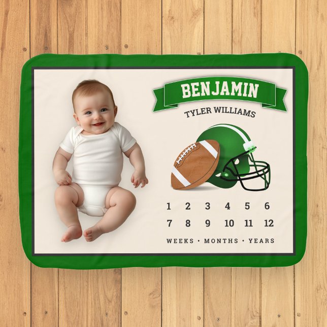 Green American Football Helmet Monthly Milestone Baby Blanket (Creator Uploaded)