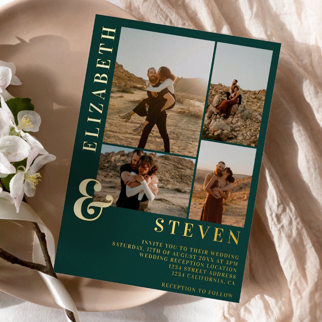 Green ampersand 4 photo grid wedding gold foil invitation (Creator Uploaded)
