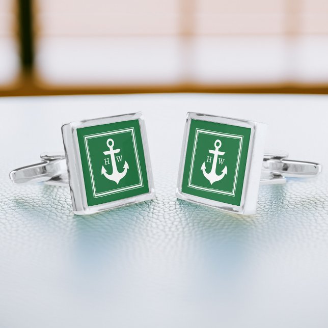 Green Anchor and Framed Monogram Silver Cufflinks (Creator Uploaded)