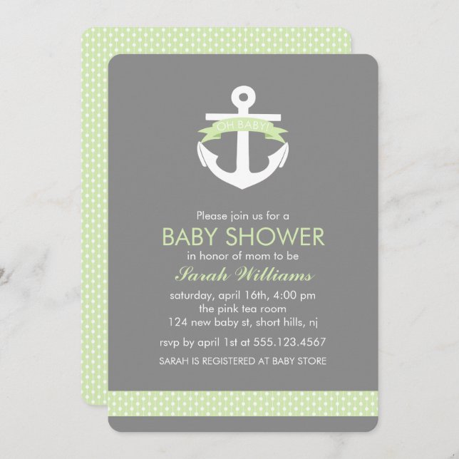 Green Anchor Nautical Theme Baby Shower Invitation (Front/Back)