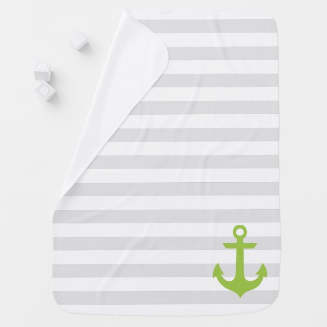 Green Anchor on Gray Stripes Swaddle Blanket (In Situ)